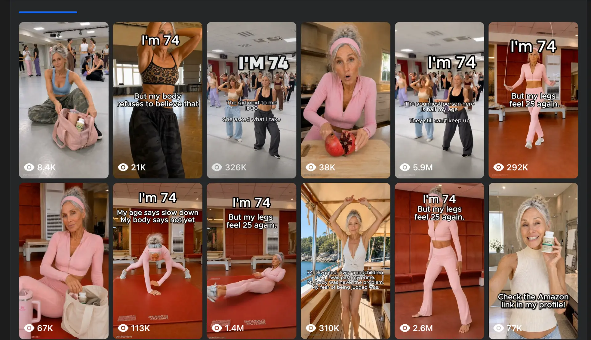Grid of content with views including 5.9M, 2.6M and 1.4M